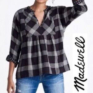 Madewell Windowpane Plaid 3/4 Length Sleeve Blouse